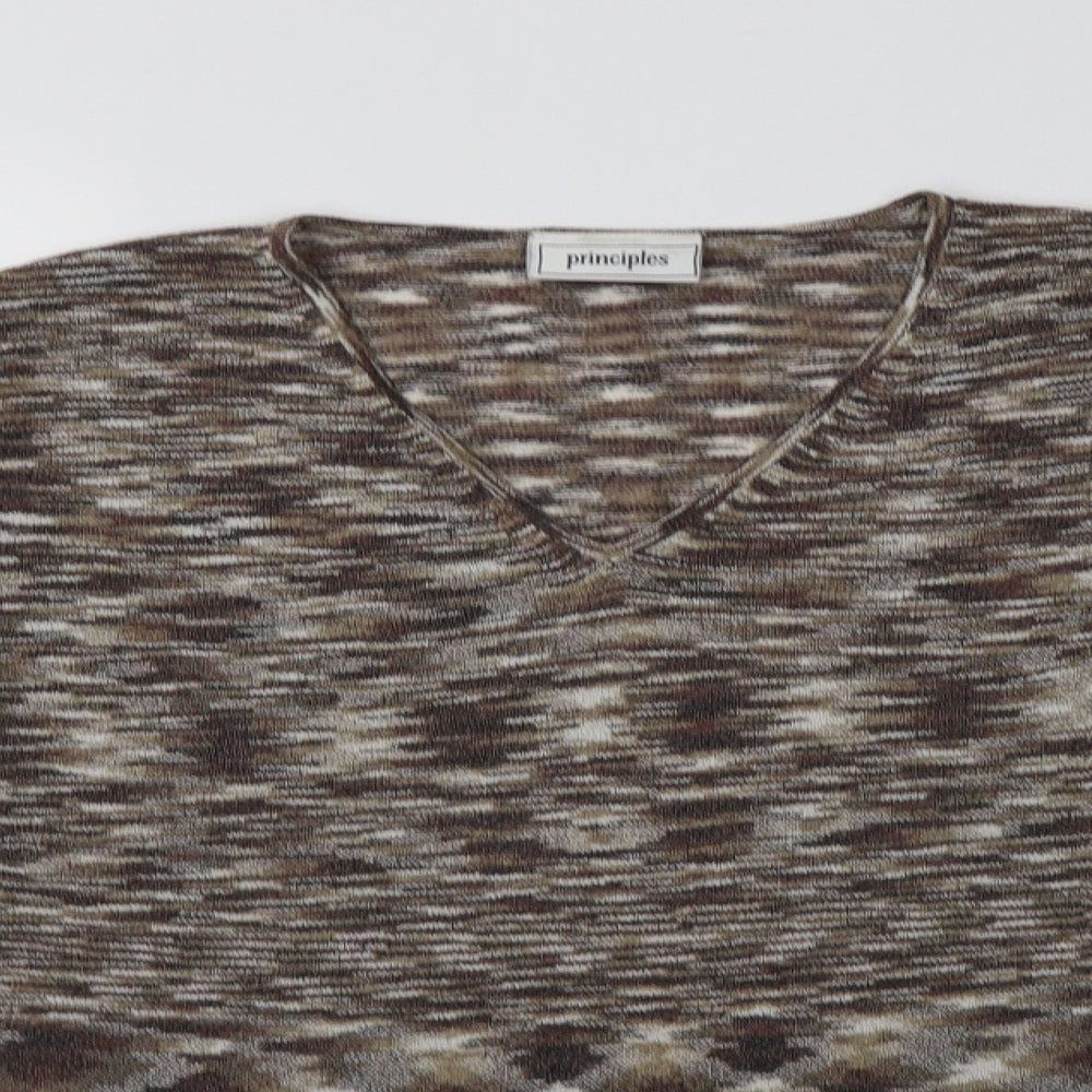 Principles Womens Brown V-Neck Striped Acrylic Pullover Jumper Size 16