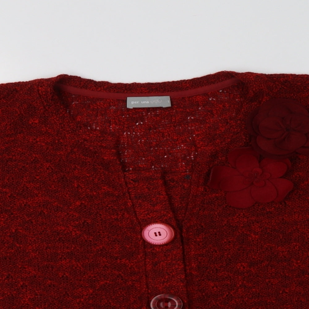 Per Una Womens Red Round Neck  Acrylic Cardigan Jumper Size L   - Flower Brooch