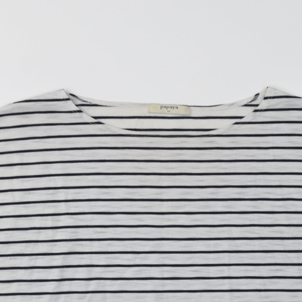 POapaya Womens White Striped Polyester Basic T-Shirt Size M Crew Neck