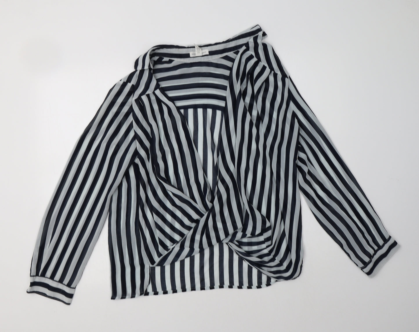 Ambiance Apparel Womens Blue Striped Polyester Basic Blouse Size XL V-Neck