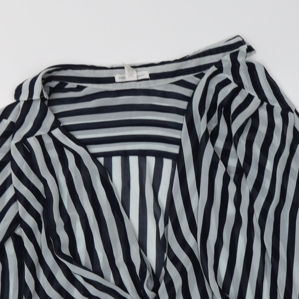 Ambiance Apparel Womens Blue Striped Polyester Basic Blouse Size XL V-Neck