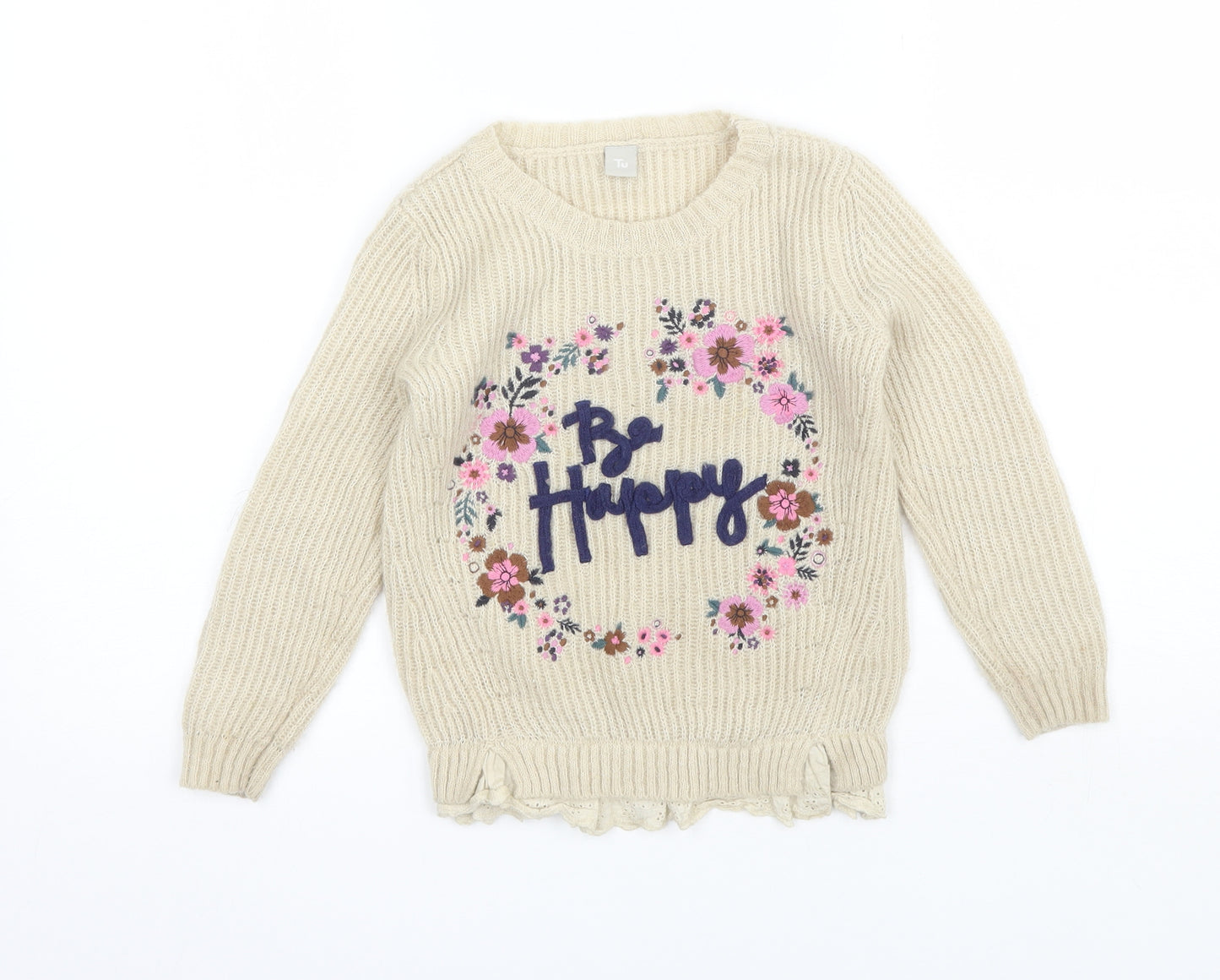 TU Girls Beige Round Neck  Acrylic Pullover Jumper Size 7 Years