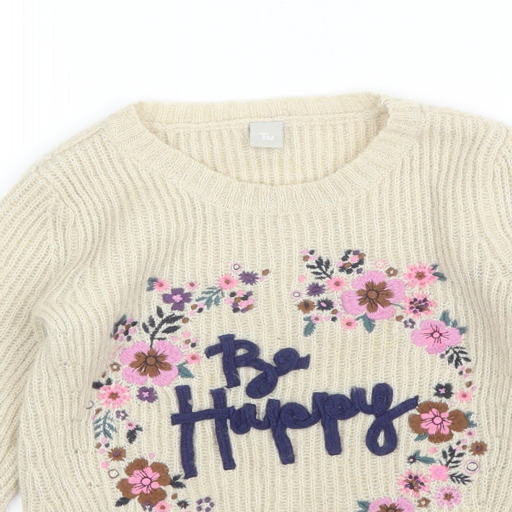 TU Girls Beige Round Neck  Acrylic Pullover Jumper Size 7 Years