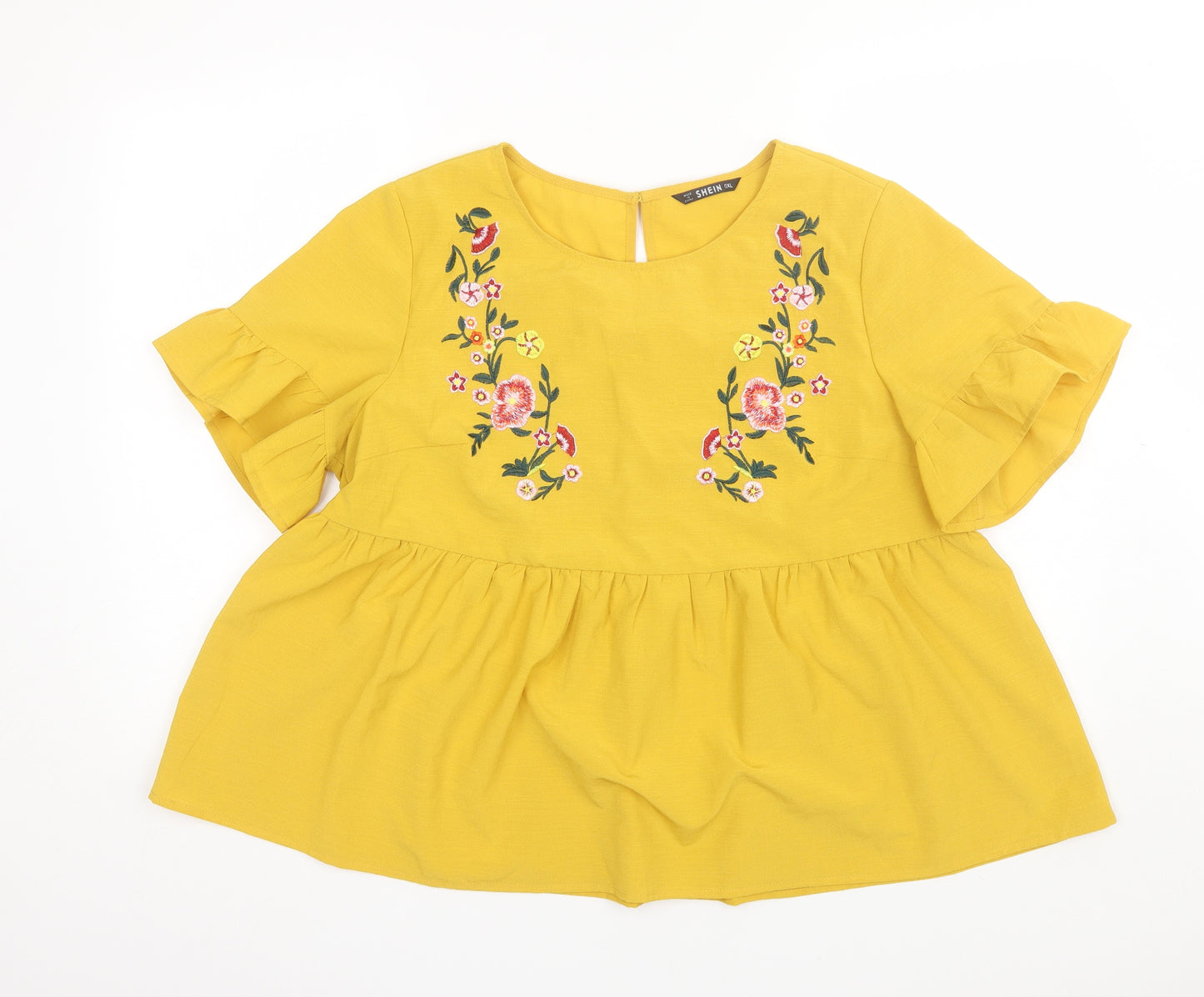 SheIn Womens Yellow Floral Polyester Basic Blouse Size XL Round Neck