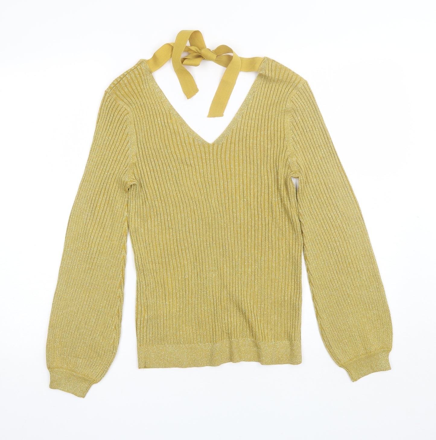 Marks and Spencer Womens Gold V-Neck  Viscose Pullover Jumper Size 12