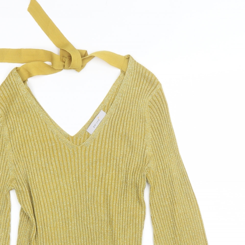 Marks and Spencer Womens Gold V-Neck  Viscose Pullover Jumper Size 12