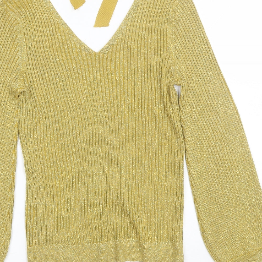 Marks and Spencer Womens Gold V-Neck  Viscose Pullover Jumper Size 12