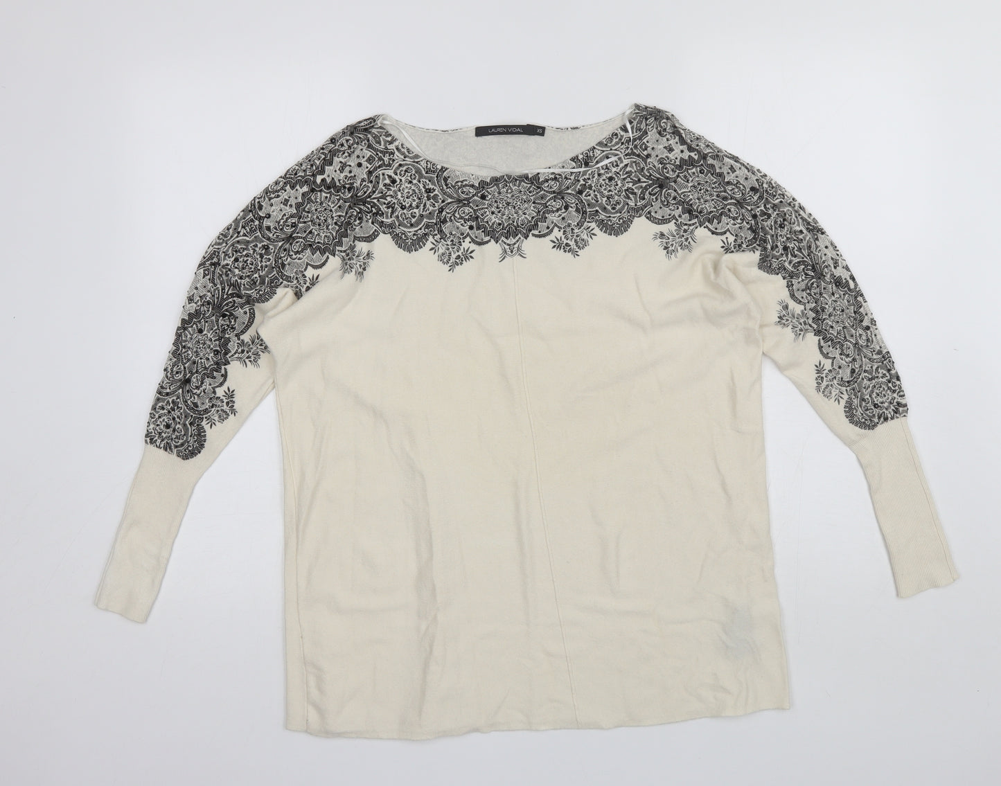 LAUREN VIDAL Womens White Round Neck  Nylon Pullover Jumper Size XS