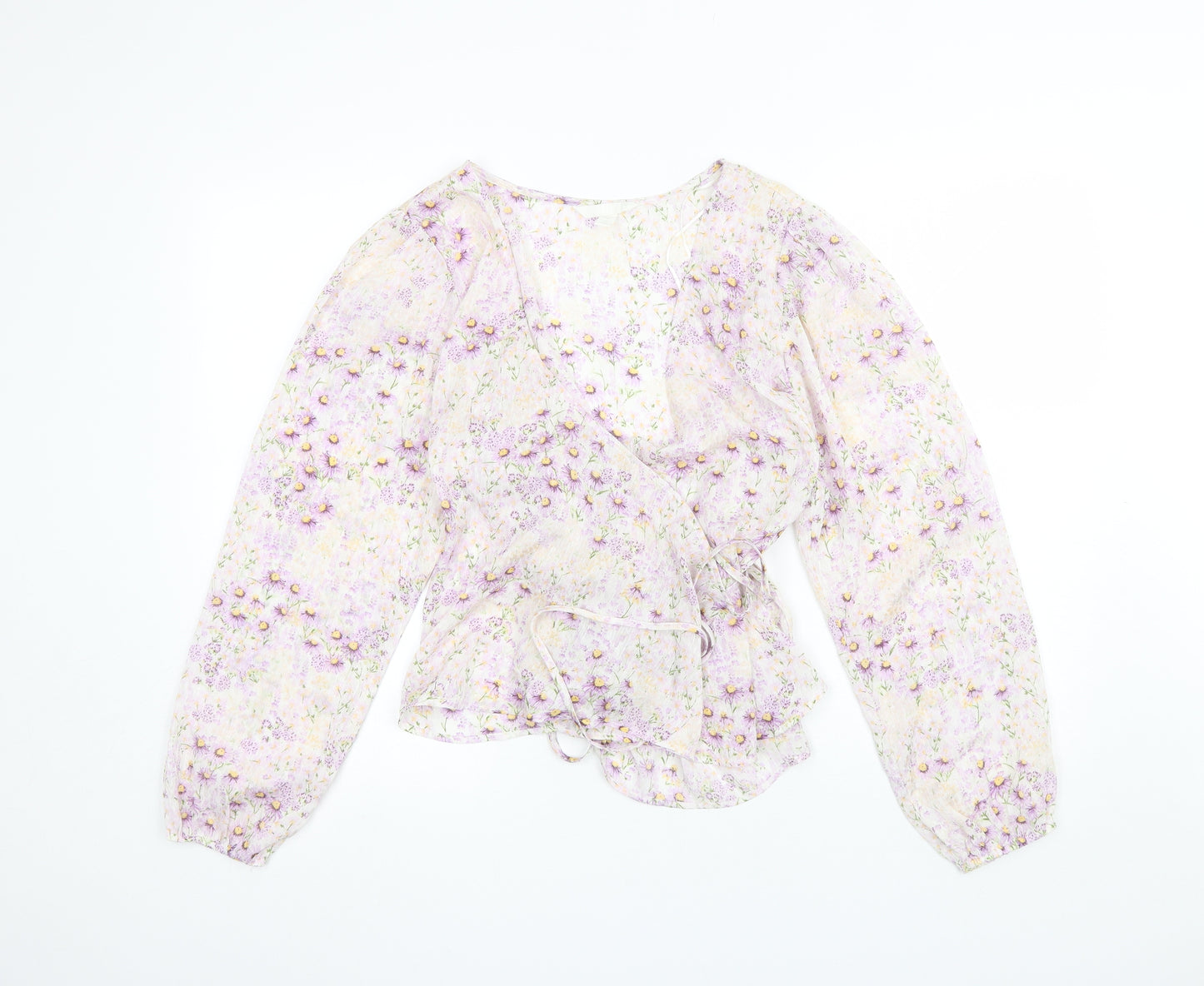 H&M Womens Purple Floral Polyester Basic Blouse Size L V-Neck