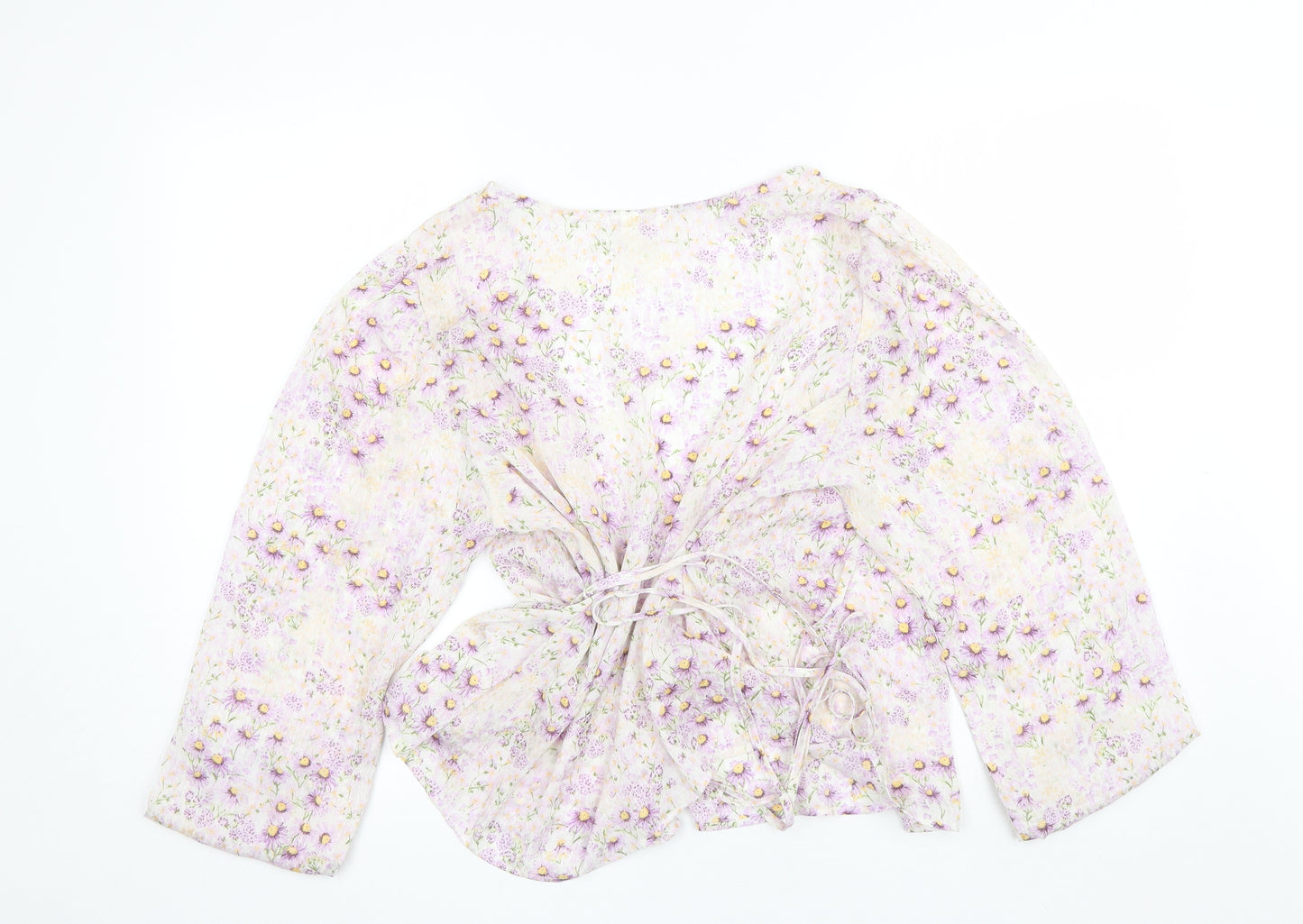 H&M Womens Purple Floral Polyester Basic Blouse Size L V-Neck