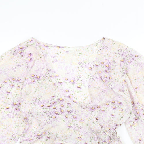 H&M Womens Purple Floral Polyester Basic Blouse Size L V-Neck