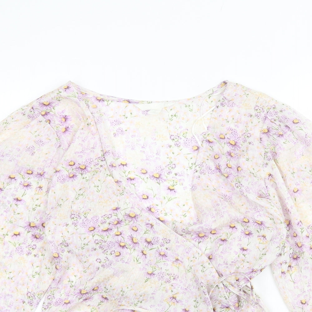 H&M Womens Purple Floral Polyester Basic Blouse Size L V-Neck