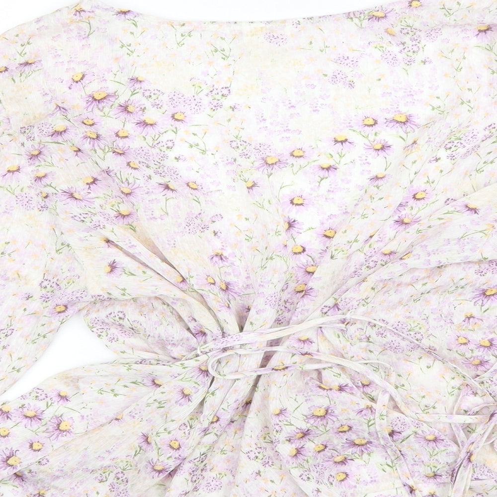 H&M Womens Purple Floral Polyester Basic Blouse Size L V-Neck