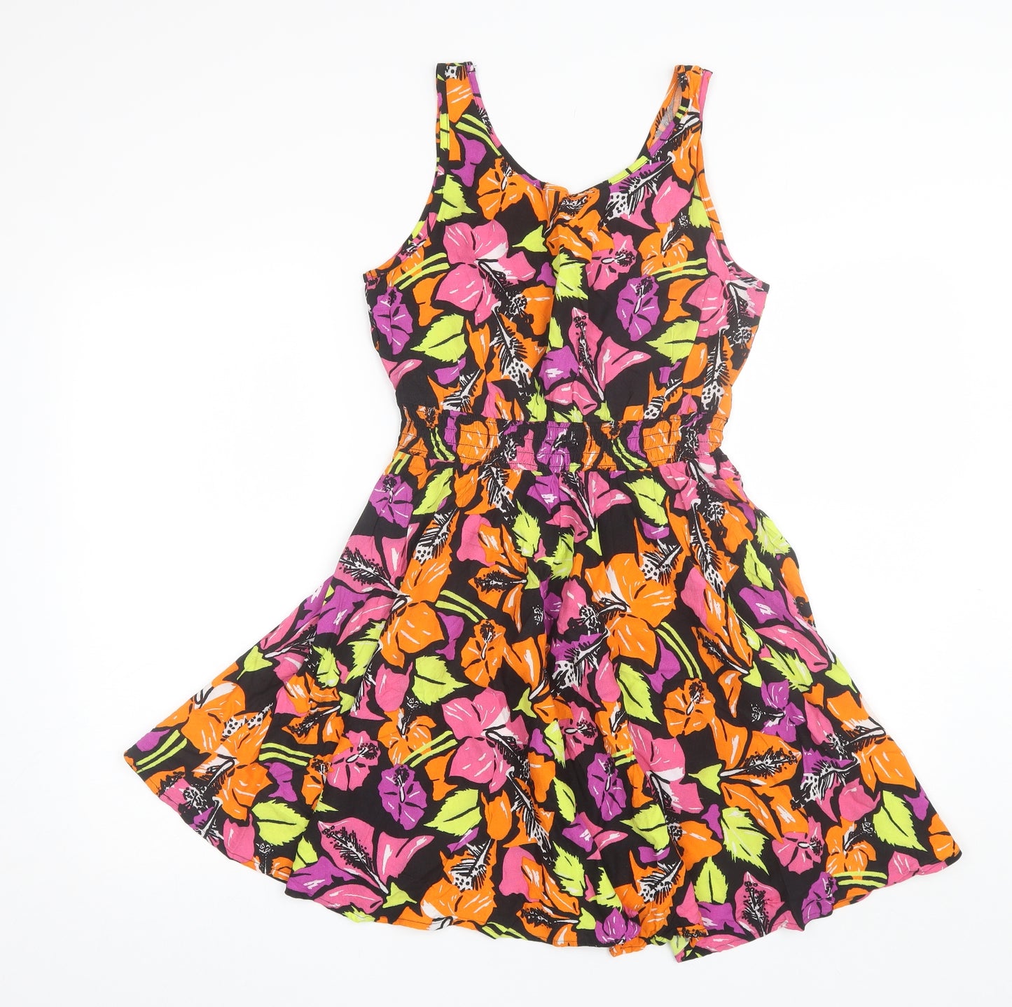 Papaya Womens Orange Floral Viscose Skater Dress  Size 12  Round Neck