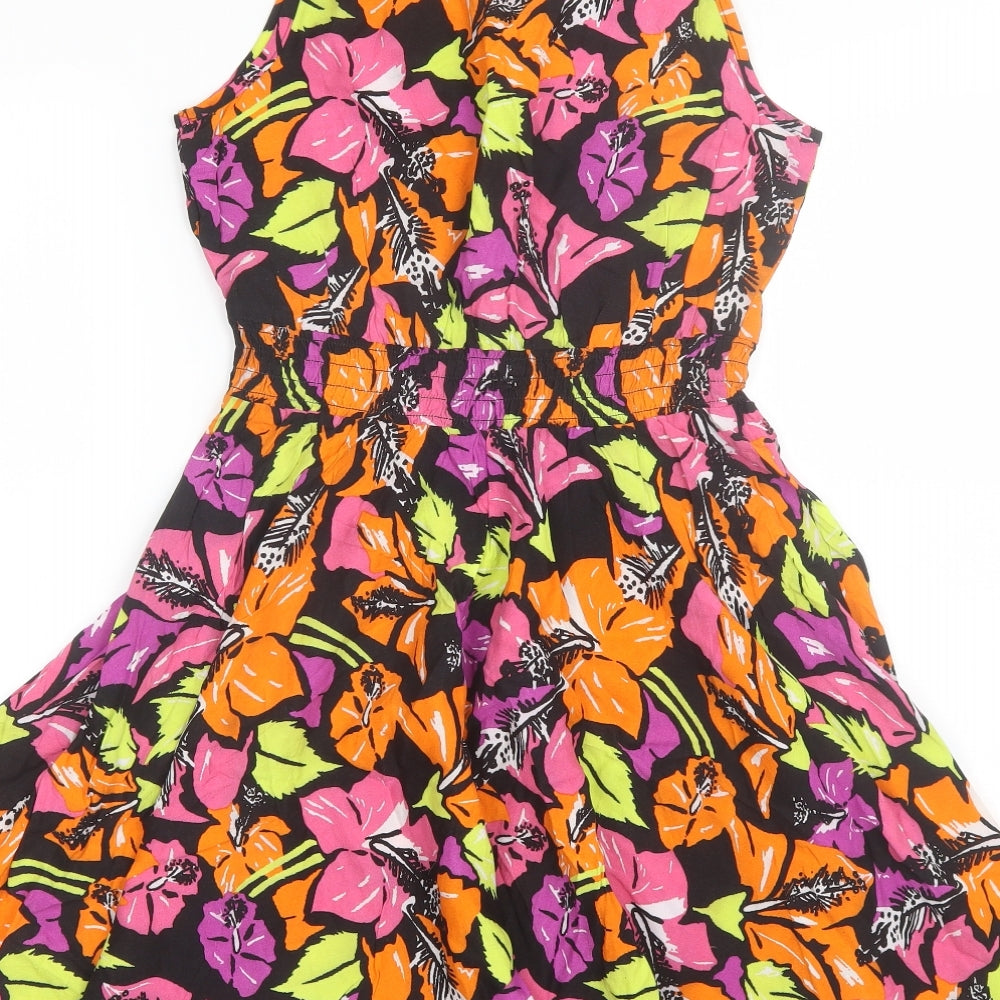 Papaya Womens Orange Floral Viscose Skater Dress  Size 12  Round Neck