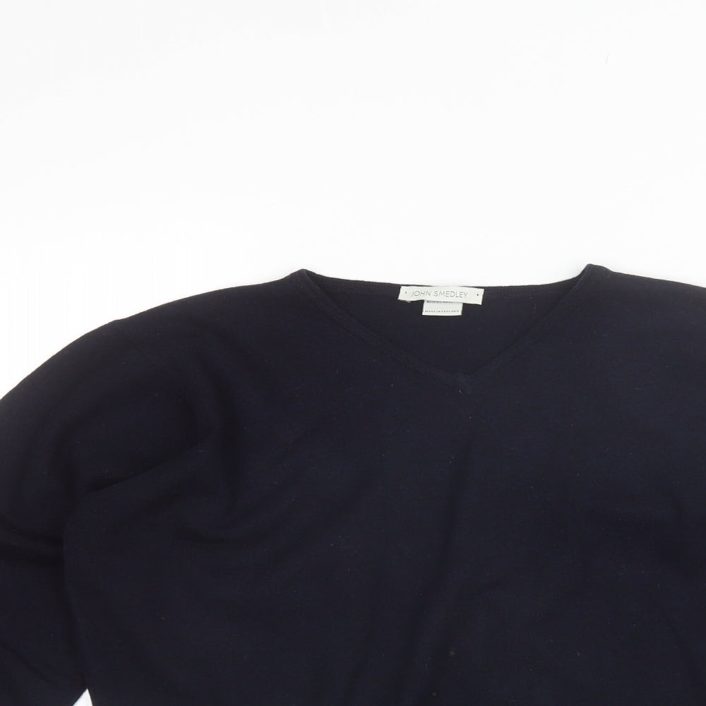 John Smedley Womens Blue V-Neck  Wool Pullover Jumper Size L