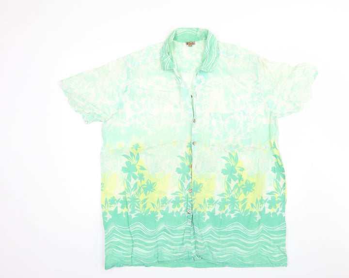 Bambu Mens Green Floral Cotton Button-Up Size L Collared