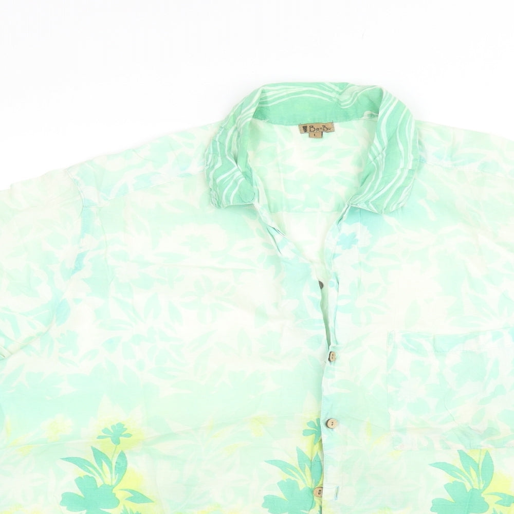 Bambu Mens Green Floral Cotton  Button-Up Size L Collared