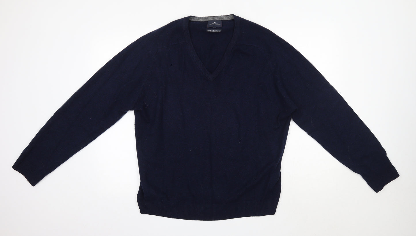 Blue Harbour Mens Blue V-Neck  Wool Pullover Jumper Size L   - Extrafine Lambswool