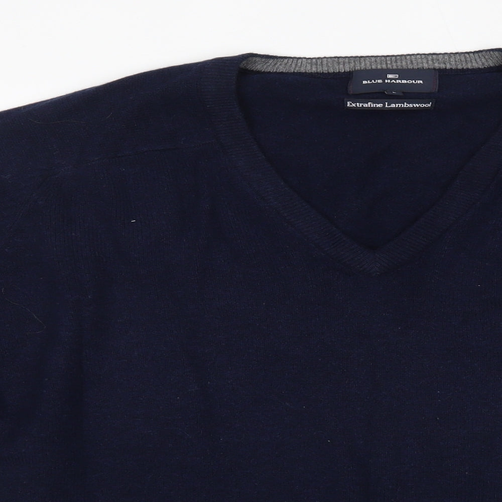 Blue Harbour Mens Blue V-Neck  Wool Pullover Jumper Size L   - Extrafine Lambswool