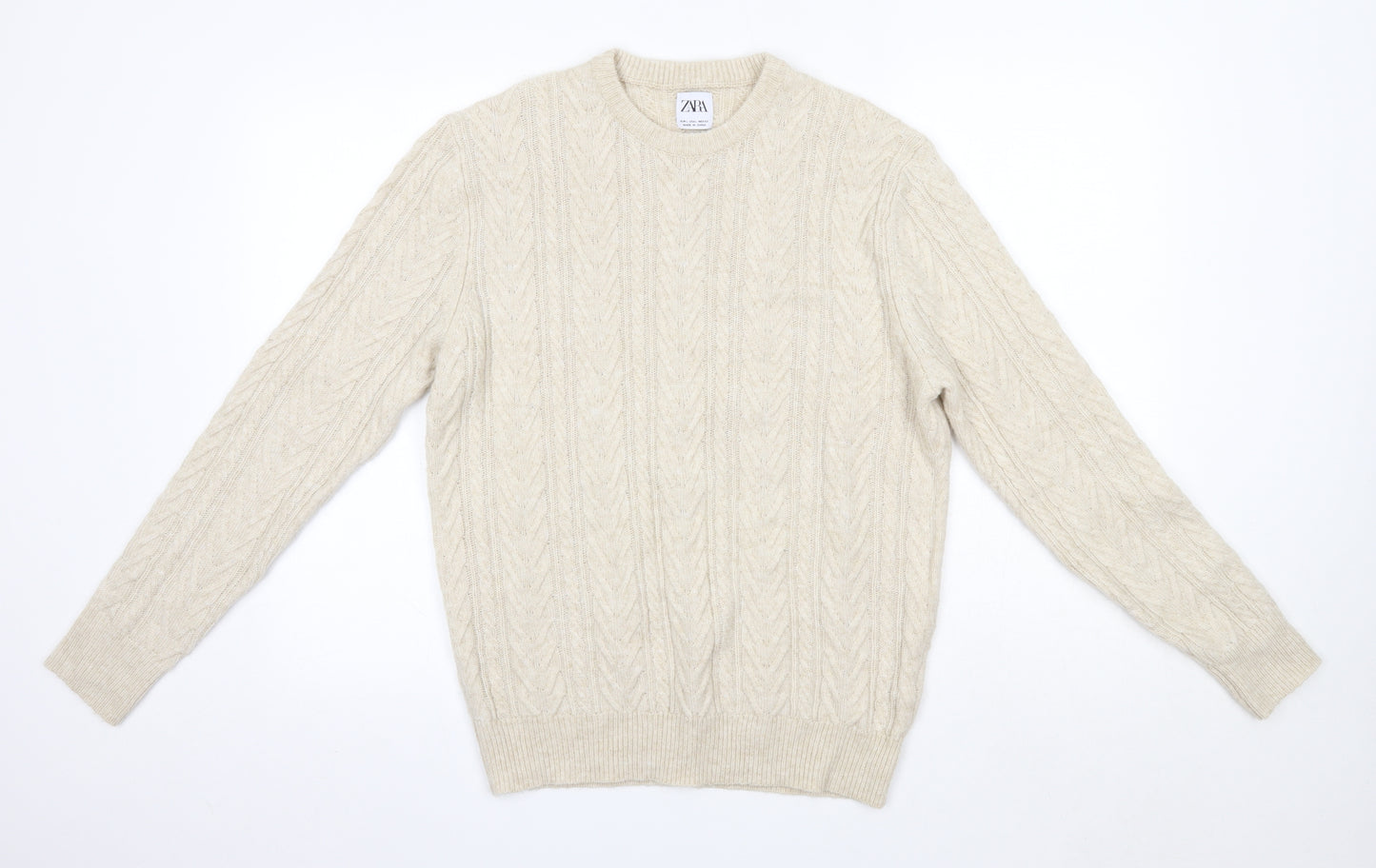Zara Mens Beige Round Neck  Nylon Pullover Jumper Size L