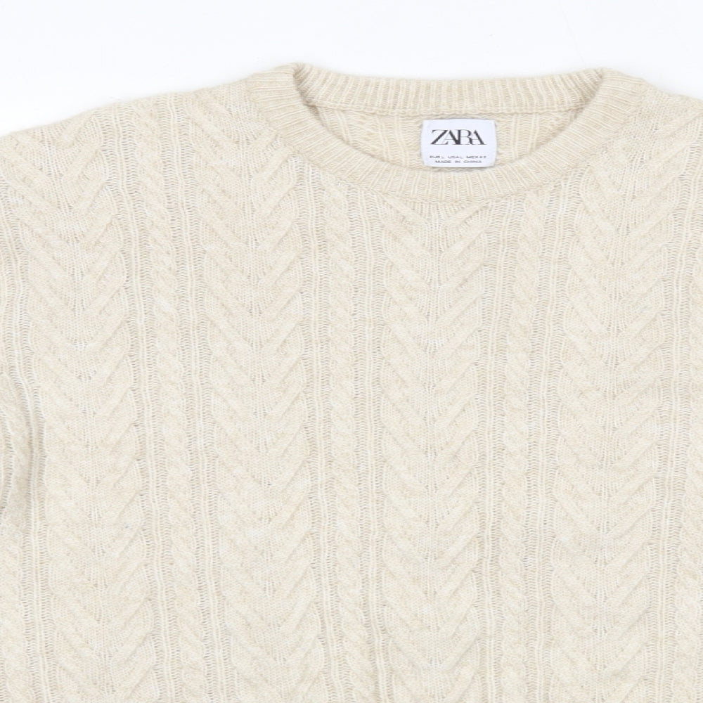 Zara Mens Beige Round Neck  Nylon Pullover Jumper Size L