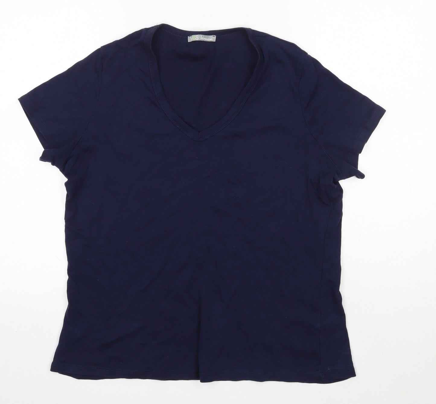 M&S Womens Blue  100% Cotton Basic T-Shirt Size 22 V-Neck