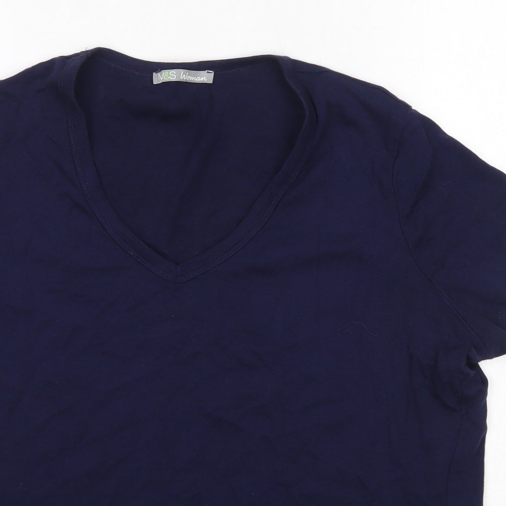 M&S Womens Blue  100% Cotton Basic T-Shirt Size 22 V-Neck
