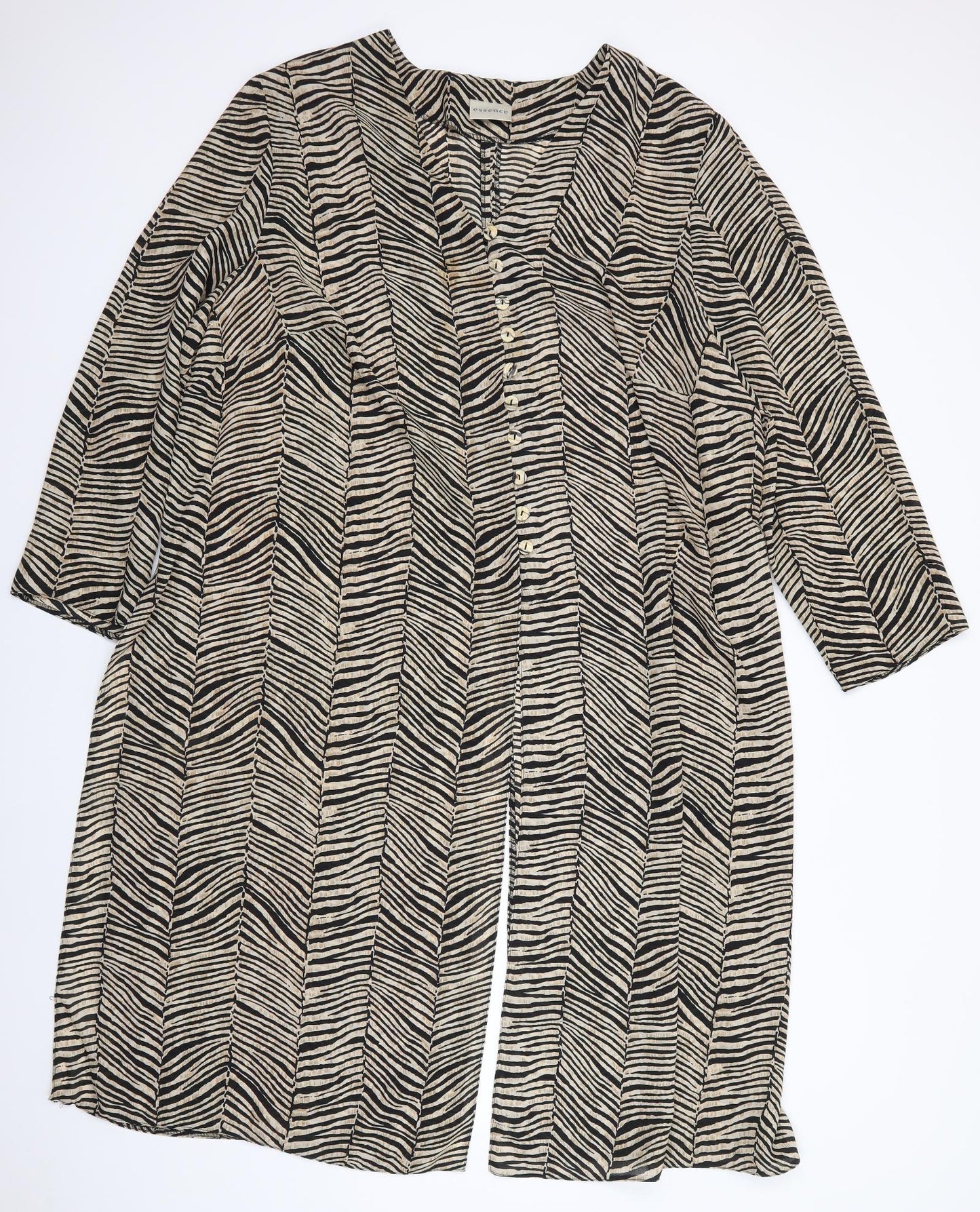 essence Womens Beige Animal Print Polyester Tunic Button-Up Size 30 Round Neck - Longline Overshirt Jacket Vented hip level down sides, front & back