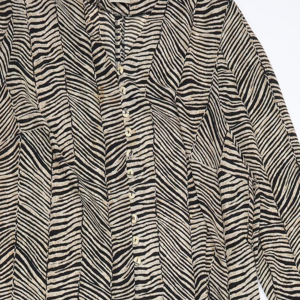 essence Womens Beige Animal Print Polyester Tunic Button-Up Size 30 Round Neck - Longline Overshirt Jacket Vented hip level down sides, front & back