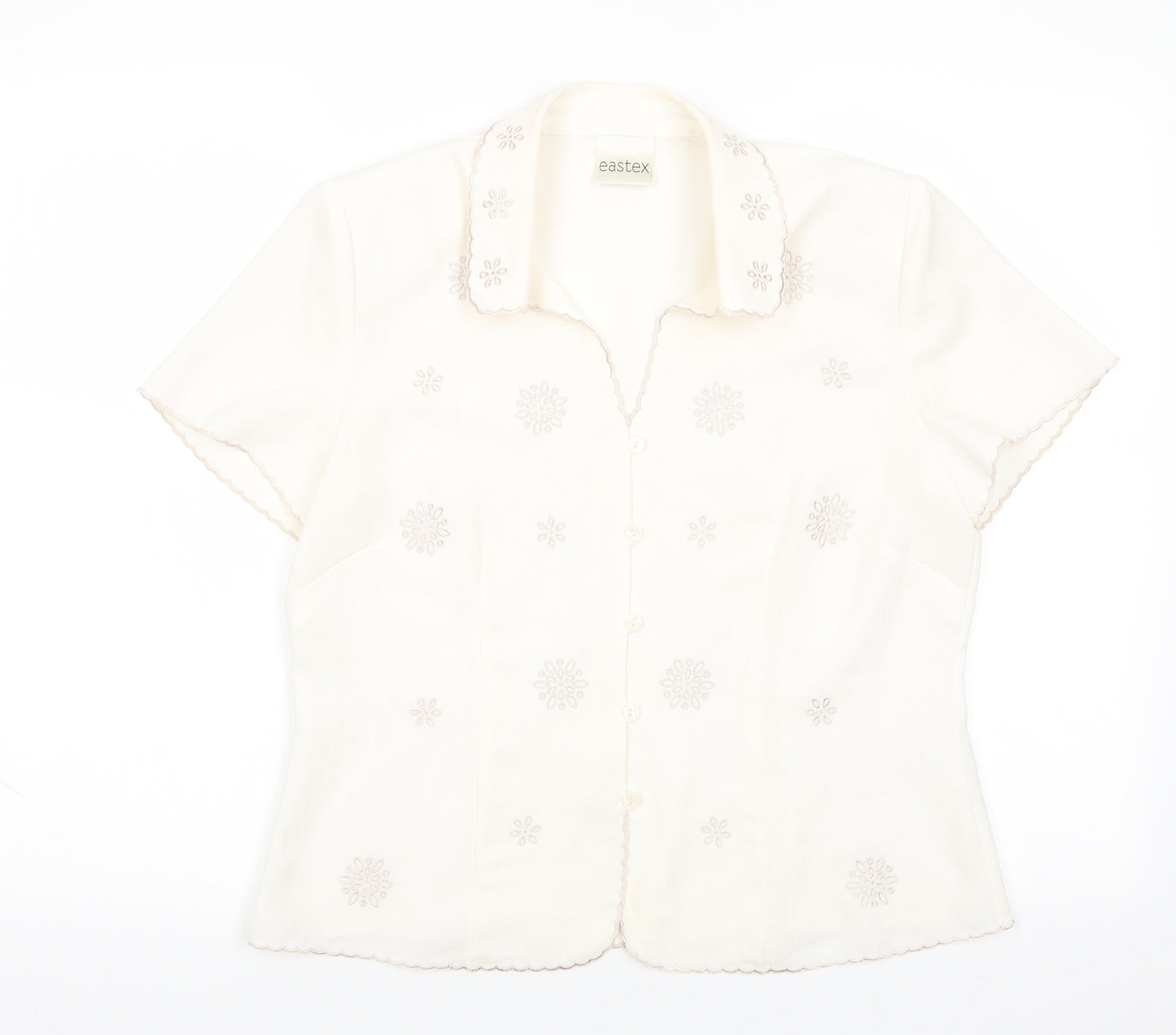 Eastex Womens Ivory Floral Polyester Basic Button-Up Size 12 Collared - Scalloped Edging