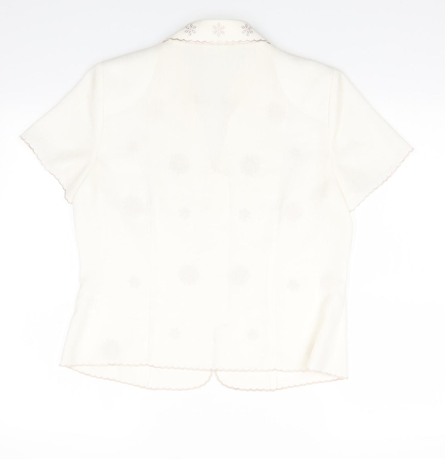 Eastex Womens Ivory Floral Polyester Basic Button-Up Size 12 Collared - Scalloped Edging