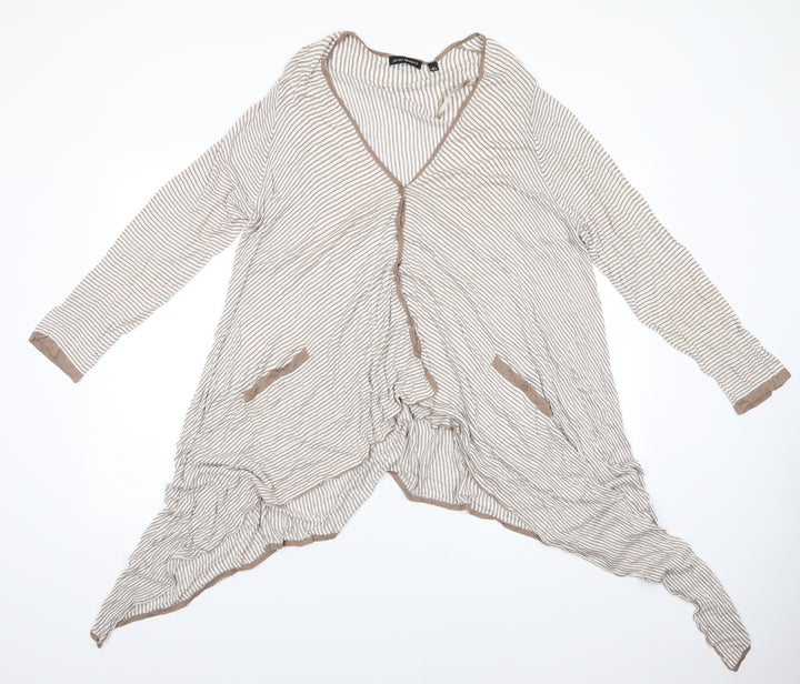 James Lakeland Womens Beige V-Neck Striped Viscose Cardigan Jumper Size 18 - Longer at sides