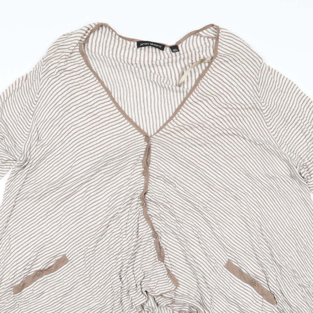 James Lakeland Womens Beige V-Neck Striped Viscose Cardigan Jumper Size 18   - Longer at sides