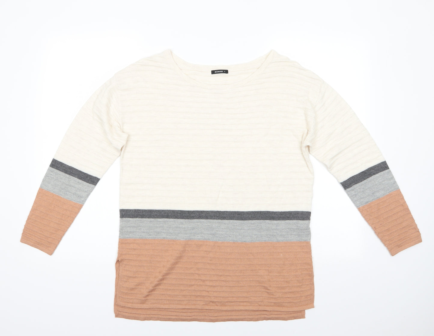 Roman Womens Ivory Round Neck Striped Acrylic Pullover Jumper Size 12   - Ivory Grey Beige stripe Vented side hems