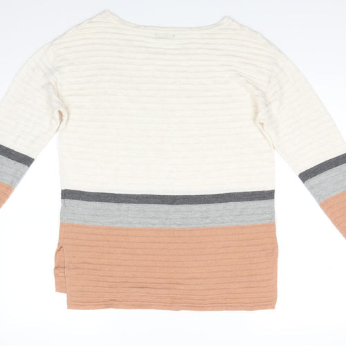 Roman Womens Ivory Round Neck Striped Acrylic Pullover Jumper Size 12   - Ivory Grey Beige stripe Vented side hems