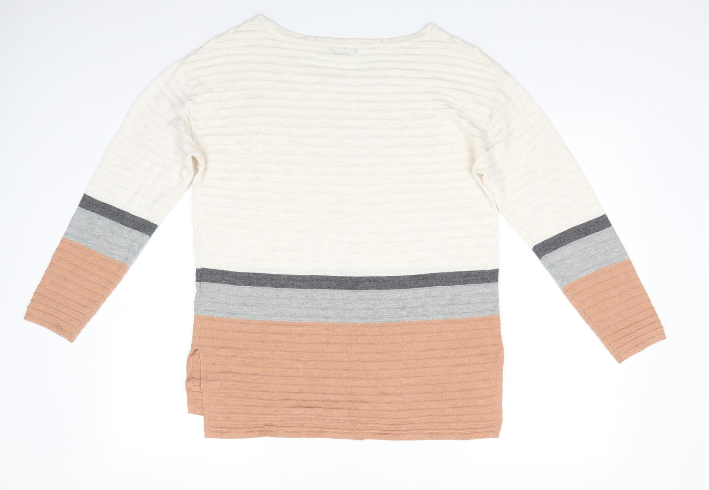 Roman Womens Ivory Round Neck Striped Acrylic Pullover Jumper Size 12   - Ivory Grey Beige stripe Vented side hems