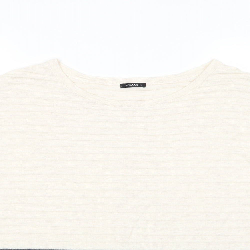 Roman Womens Ivory Round Neck Striped Acrylic Pullover Jumper Size 12   - Ivory Grey Beige stripe Vented side hems