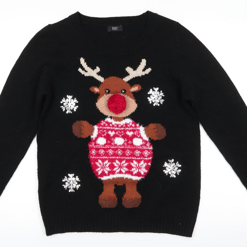 Florence and Fred Womens Black Round Neck Animal Print Acrylic Pullover Jumper Size 8   - Reindeer Pom Pom Nose Snowflakes