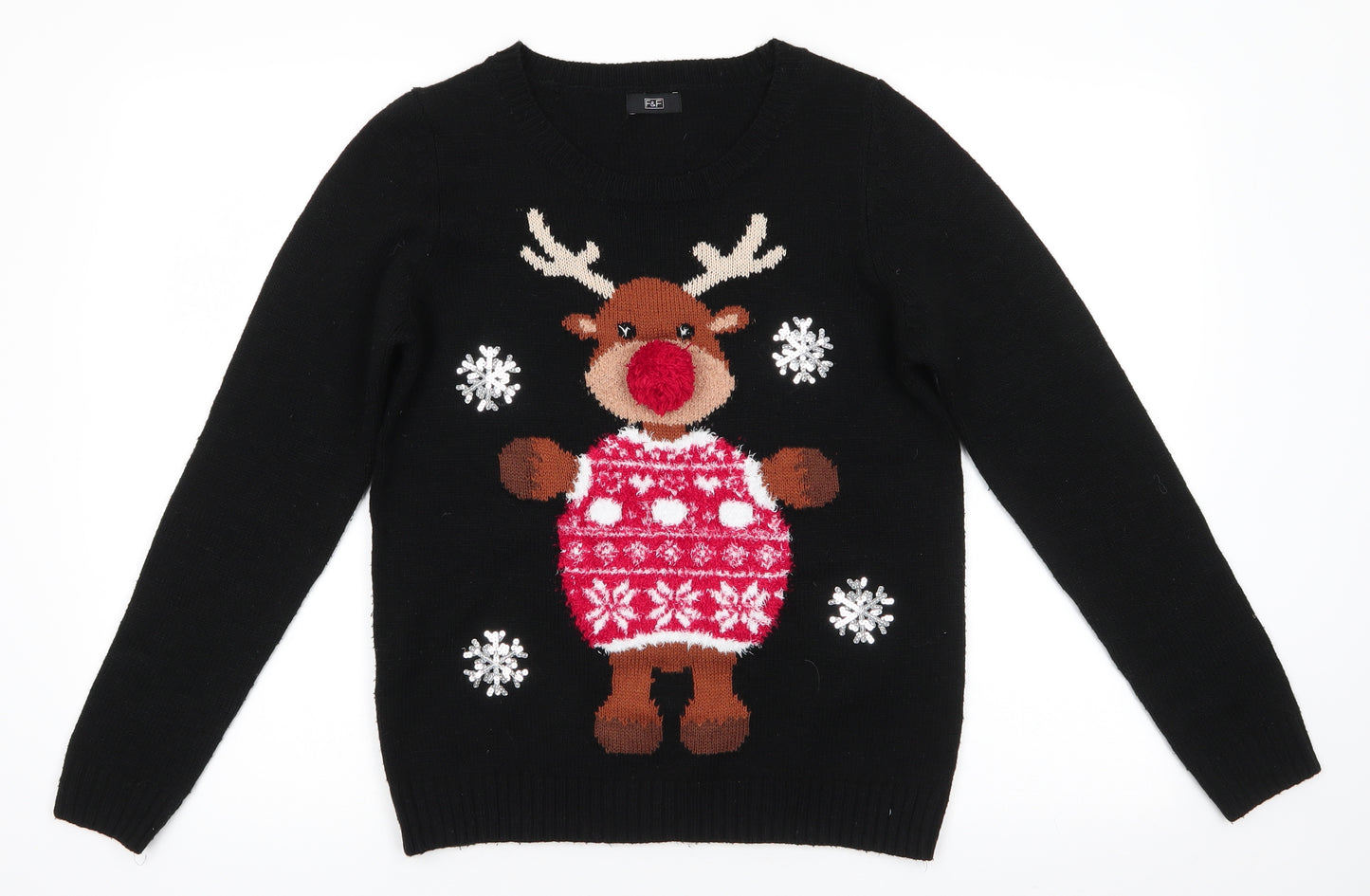 Florence and Fred Womens Black Round Neck Animal Print Acrylic Pullover Jumper Size 8   - Reindeer Pom Pom Nose Snowflakes