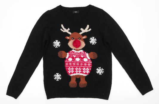 Front view of F&F women’s black round neck animal print acrylic jumper, size UK 8, - reindeer pom pom nose snowflakes