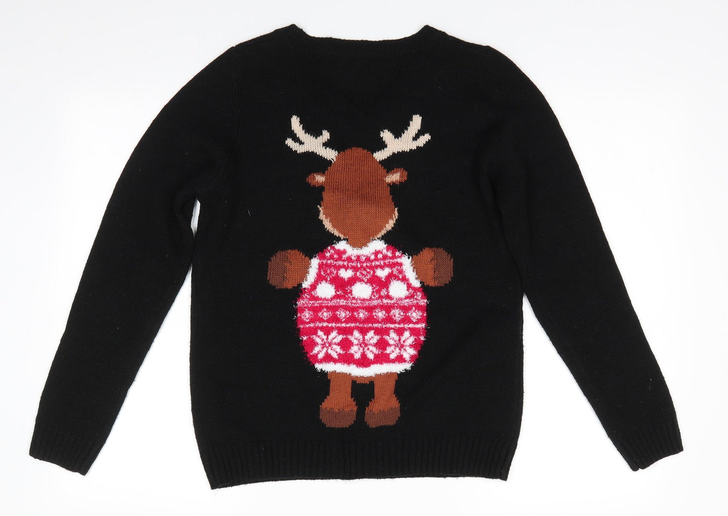 Florence and Fred Womens Black Round Neck Animal Print Acrylic Pullover Jumper Size 8   - Reindeer Pom Pom Nose Snowflakes