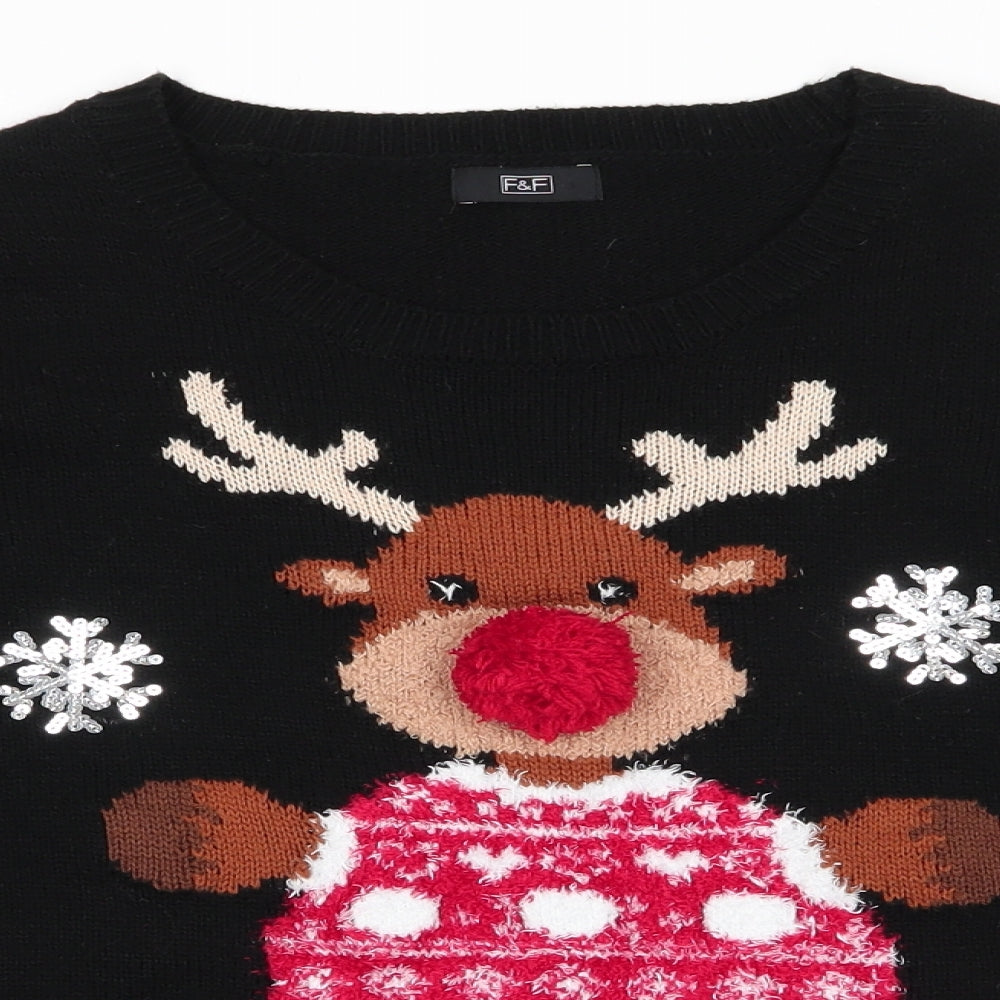 Florence and Fred Womens Black Round Neck Animal Print Acrylic Pullover Jumper Size 8   - Reindeer Pom Pom Nose Snowflakes