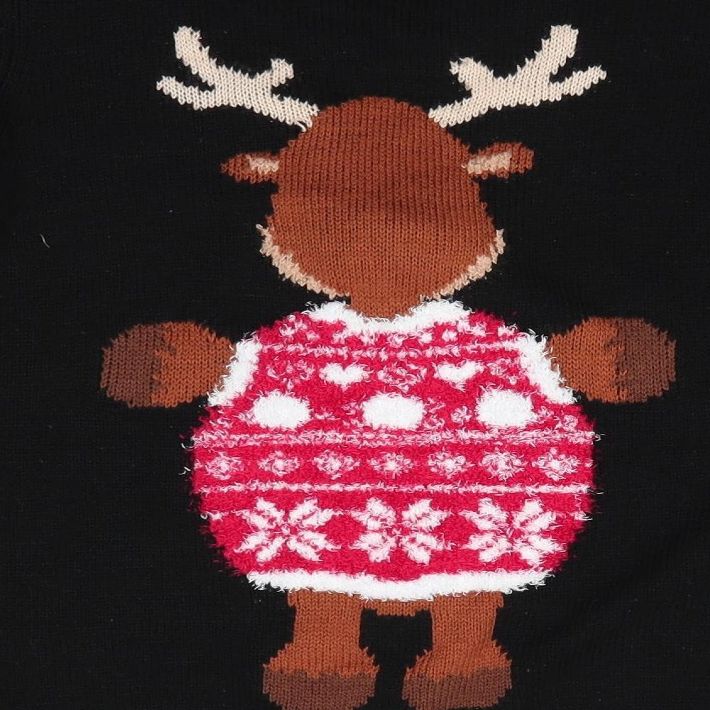 Florence and Fred Womens Black Round Neck Animal Print Acrylic Pullover Jumper Size 8   - Reindeer Pom Pom Nose Snowflakes