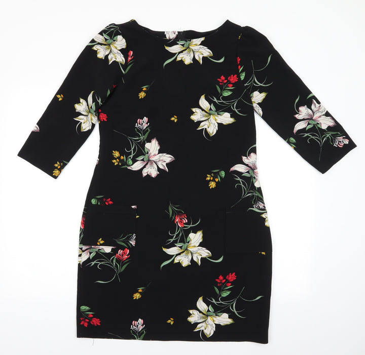 Dorothy Perkins Womens Black Floral Polyester A-Line Size 10 Round Neck - Back Zip Lightly gathered shoulders Yellow White Red flowers Patch Pockets