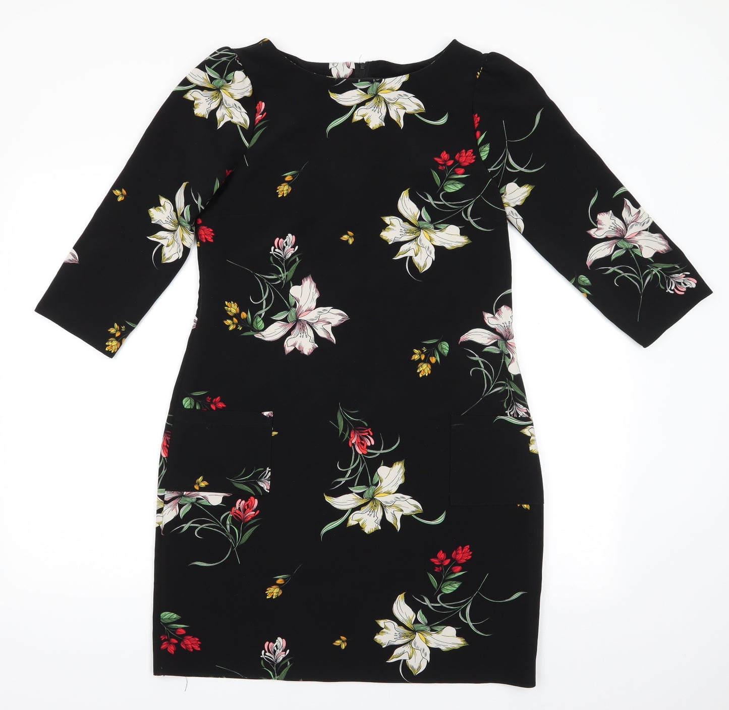 Dorothy Perkins Womens Black Floral Polyester A-Line  Size 10  Round Neck  - Back Zip Lightly gathered shoulders Yellow White Red flowers Patch Pockets