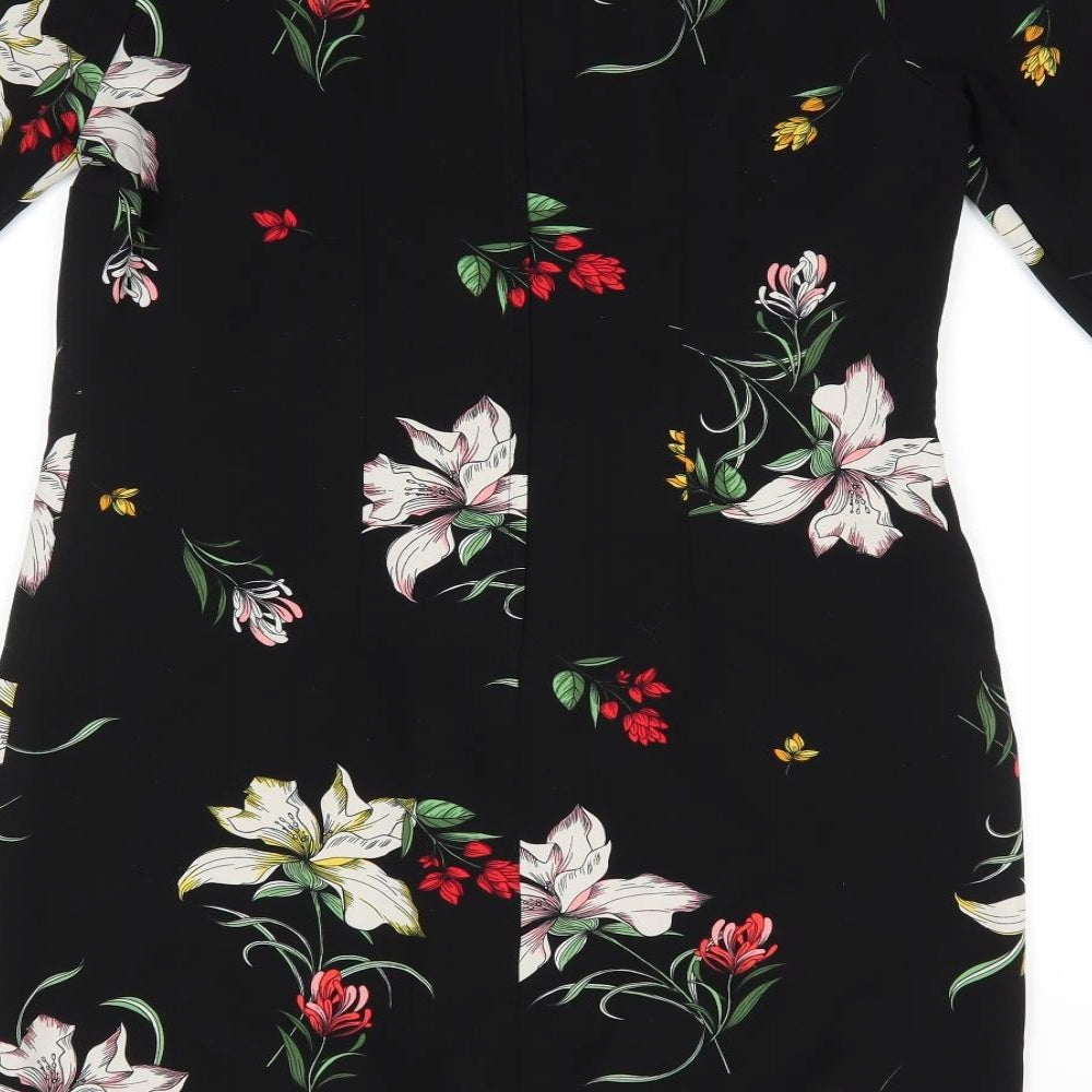 Dorothy Perkins Womens Black Floral Polyester A-Line  Size 10  Round Neck  - Back Zip Lightly gathered shoulders Yellow White Red flowers Patch Pockets