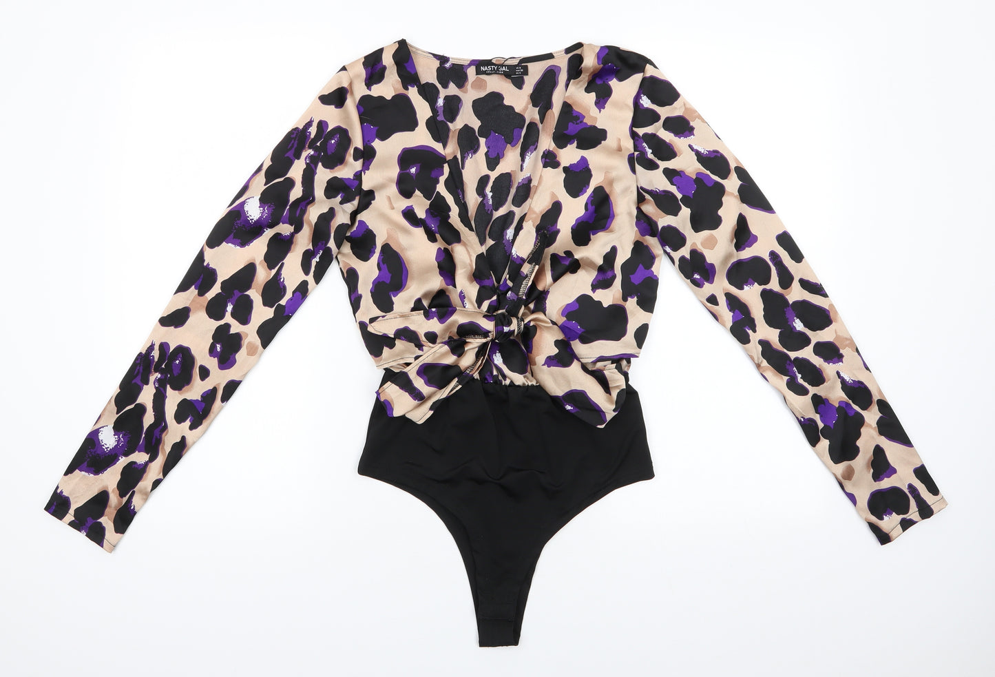 Nasty Gal Womens Beige Animal Print Polyester Basic Blouse Size 8 V-Neck - Blouse bodysuit combined Tie front Purple Black print