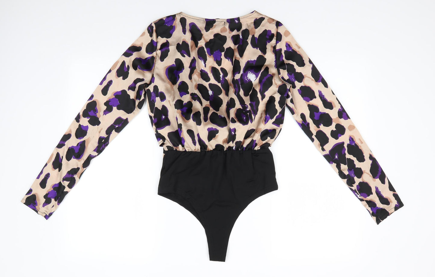 Nasty Gal Womens Beige Animal Print Polyester Basic Blouse Size 8 V-Neck - Blouse bodysuit combined Tie front Purple Black print