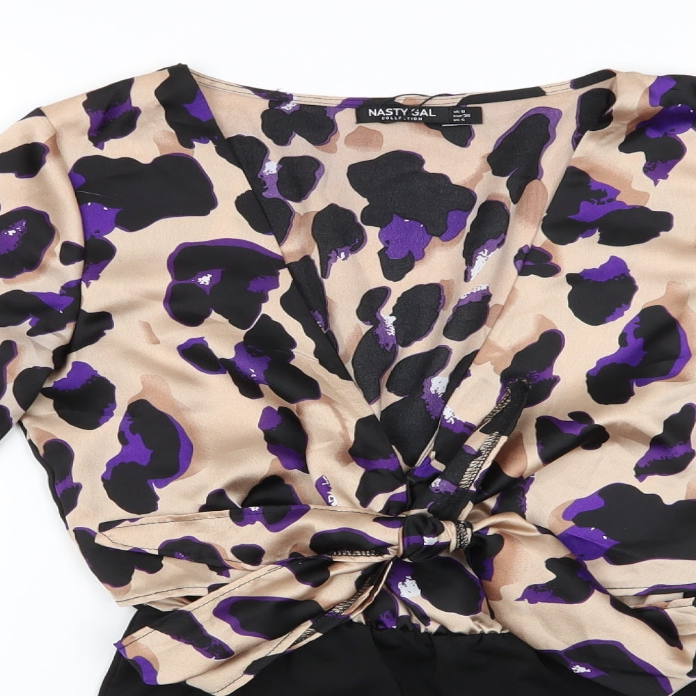 Nasty Gal Womens Beige Animal Print Polyester Basic Blouse Size 8 V-Neck - Blouse bodysuit combined Tie front Purple Black print